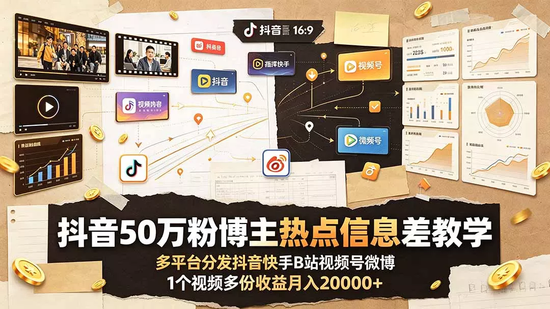 抖音50万粉博主热点信息差教学：多平台分发抖音快手B站视频号微博，1个视频多份收益月入20000+ - FiveM 插件资源站